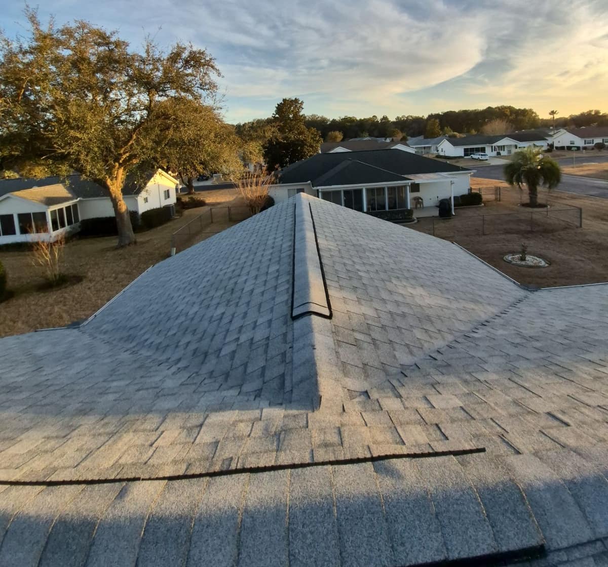 Raised ridge vent cap at the peak of the new roof, with neighbors' back yards beyond