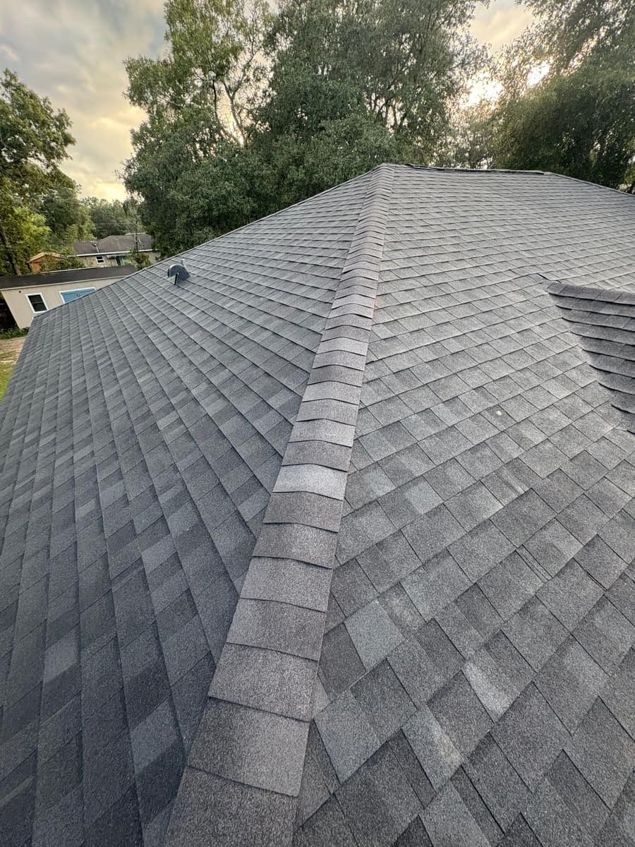 Near-black hip line with a neighboring house and oak canopy beyond