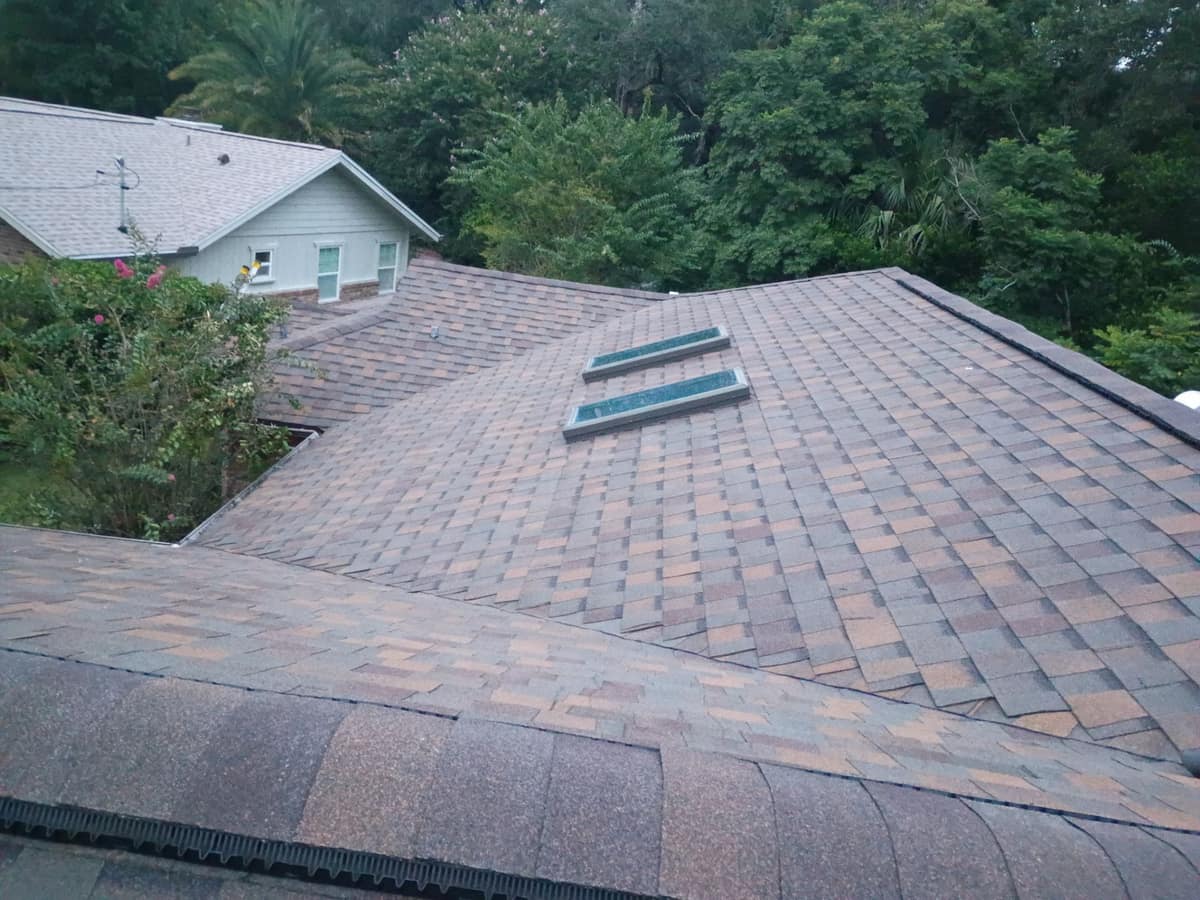 Valley between the skylight slope and a lower roof, pink blooms in the yard
