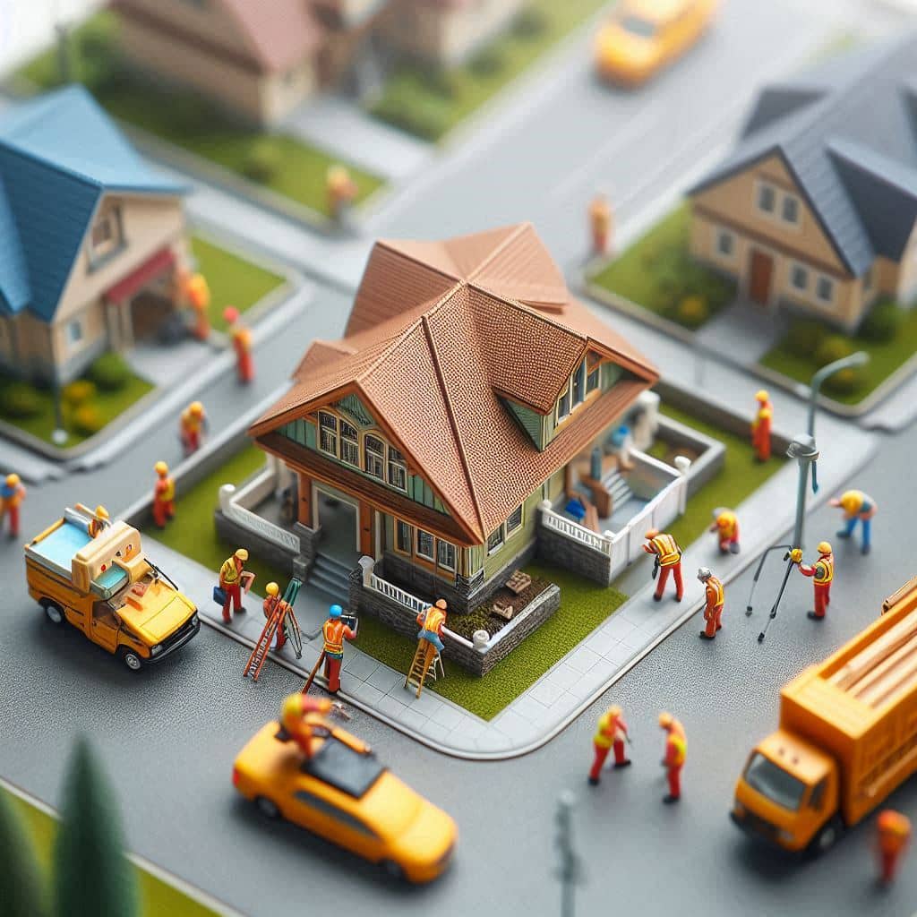 a realistic scene in tilt shift style roofers and land surveyors working on the same house at the same time.