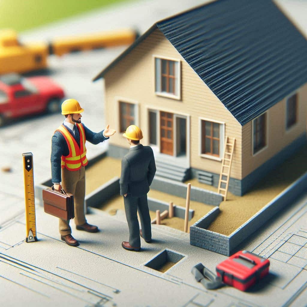 a realistic tilt shift style scene of a professional land surveyor and a roofer talking in front of a house and the land surveyor is pointing at the foundation of the house and the roofer is pointing at the roof.