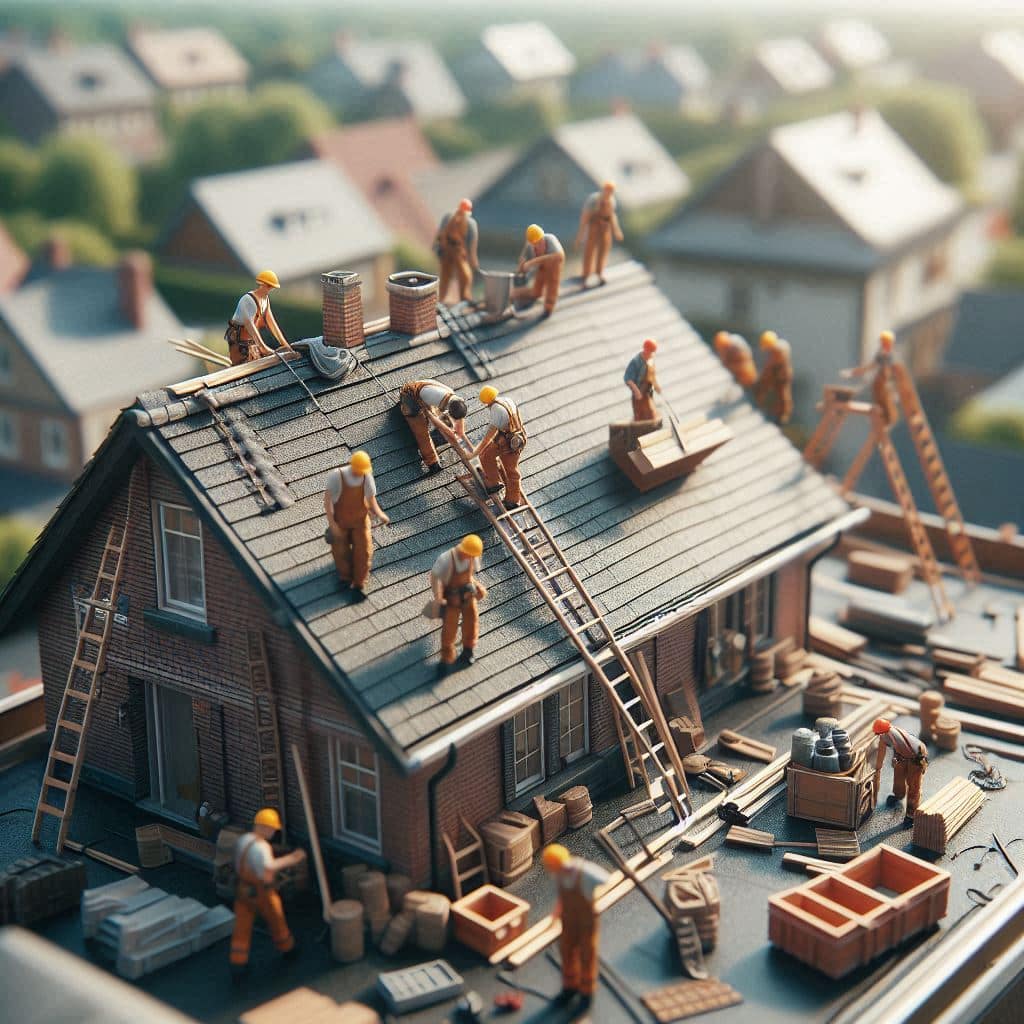 a realistic scene in tilt shift style Roofers specialize in the construction, repair, and maintenance of roofs. Their primary responsibilities include: Installation: Roofers install various roofing materials, such as shingles, metal, or tiles, ensuring they are correctly placed for maximum durability and weather resistance. Repair and Maintenance: They repair damage caused by storms, wear and tear, or structural issues and perform regular maintenance to extend the roof’s