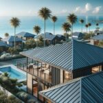 Coastal Home with Metal Roofing: A realistic image of a coastal home with a sleek, modern metal roof. The scene includes palm trees, ocean views, and clear blue skies. The focus is on the roof's design and material, showcasing its durability against the elements.