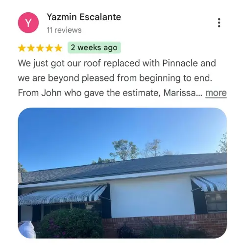 We just got our roof replaced with Pinnacle and we are beyond pleased from beginning to end.
