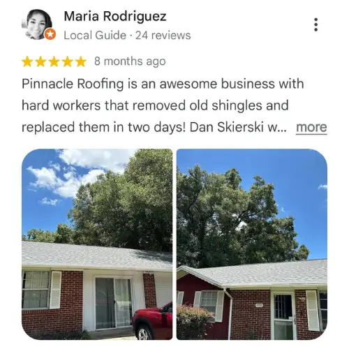 Pinnacle Rooting is an awesome business with hard workers that removed old shingles and replaced them in two days!