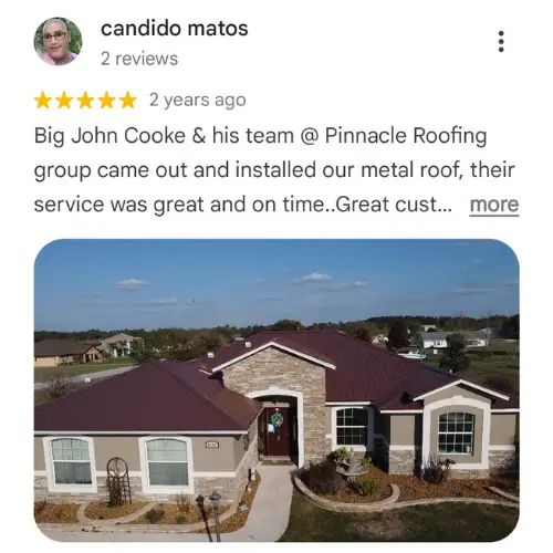 Big John Cooke & his team @ Pinnacle Roofing group came out and installed our metal roof, their service was great and on time.. Great customer Support
