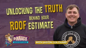 Roofing contractor reviewing a detailed roof estimate with a homeowner at a table.