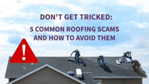 Roofer installing shingles with warning sign overlay about common roofing scams in Florida.