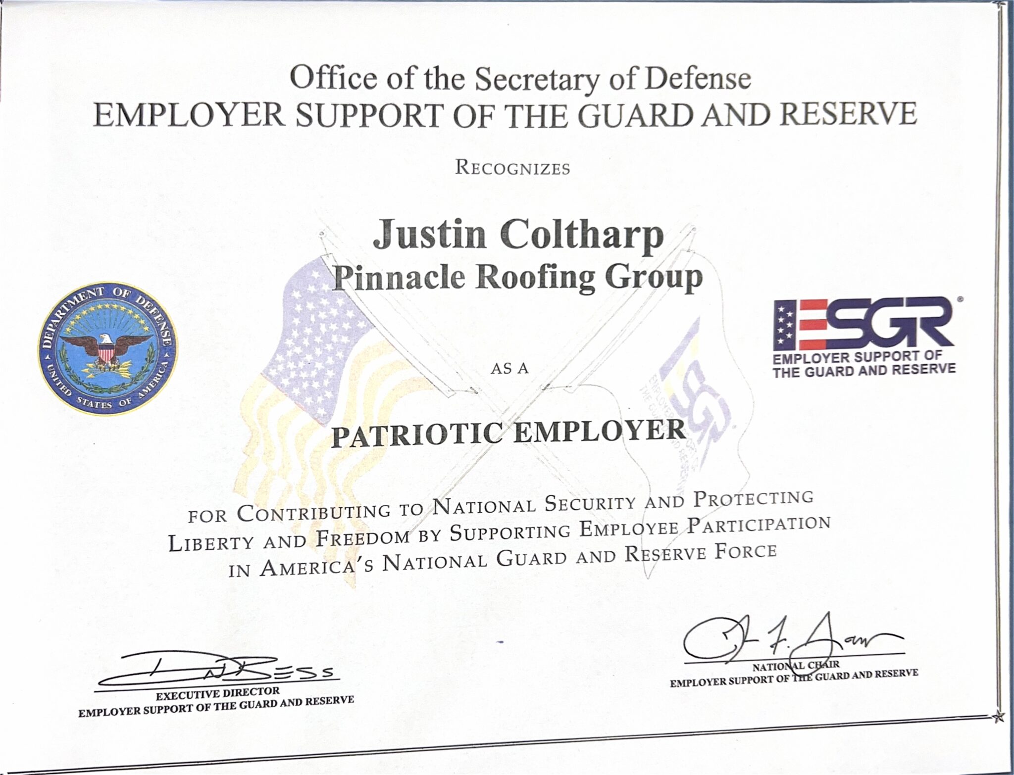 secratary of defense award for Justin Coltharp