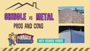 Pinnacle Roofing Group in front of a new roof installation in Central Florida, explaining what differences in shingle and metal are.