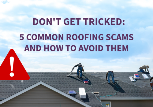 Roofer installing shingles with warning sign overlay about common roofing scams in Florida.