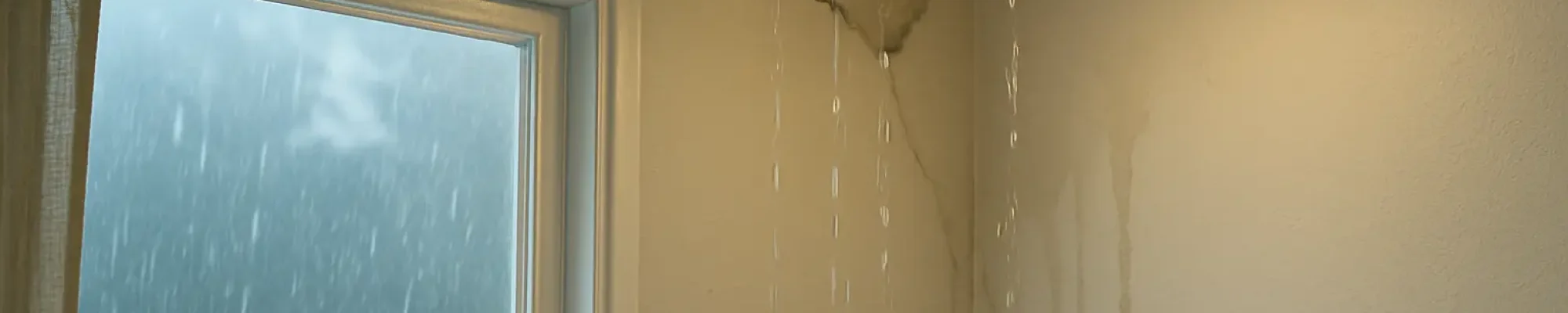 Roof leak during Florida rainstorm with water dripping from ceiling near light fixture